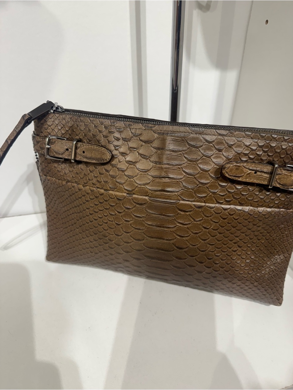 Coach exotic Leather Brown Python-Embossed Wristlet Clutch